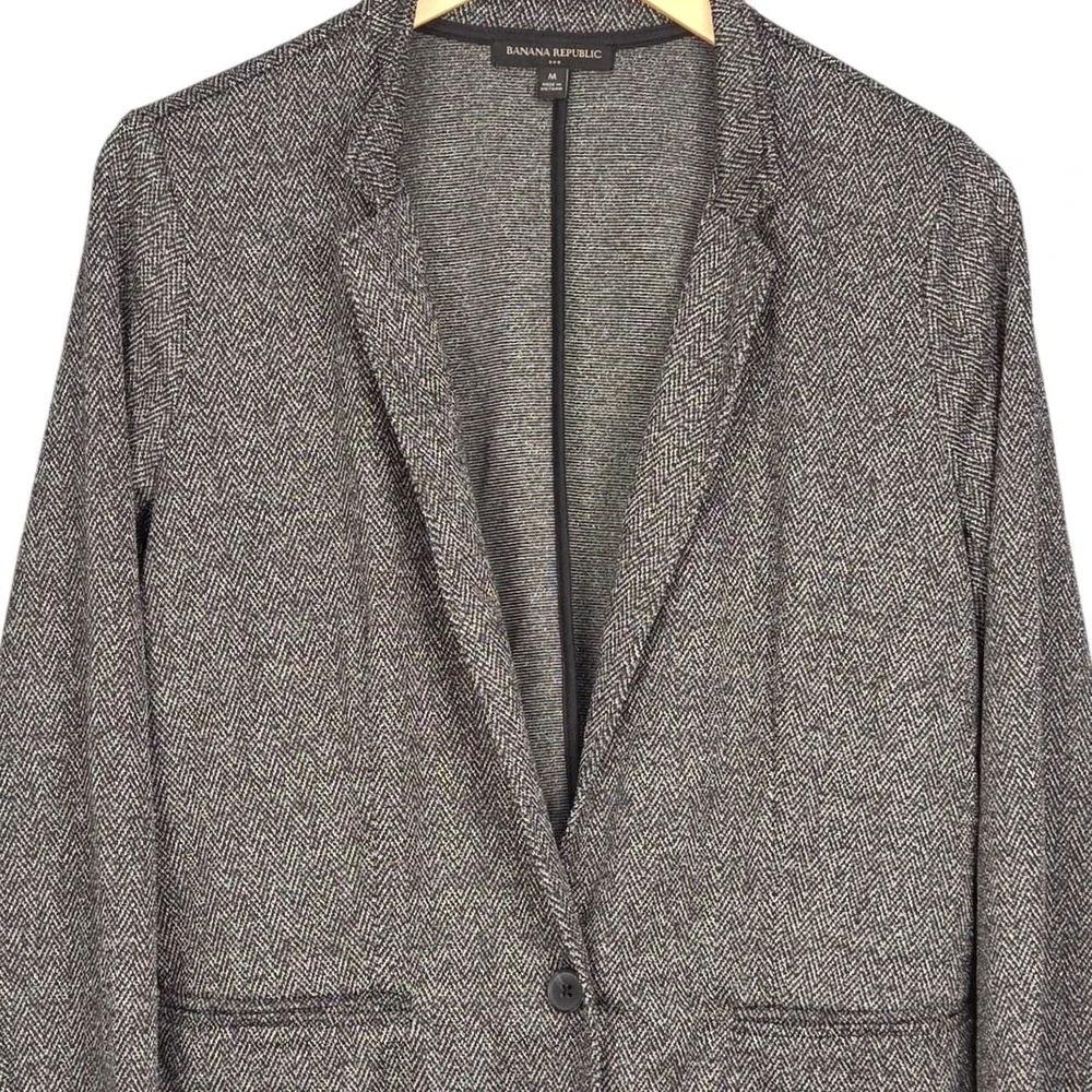 Banana Republic Blazer Women Medium Black White Herringbone Knit Career Jacket